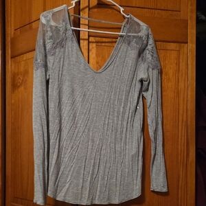 American Eagle Outfitters Gray Lace Detail Long Sleeve Top